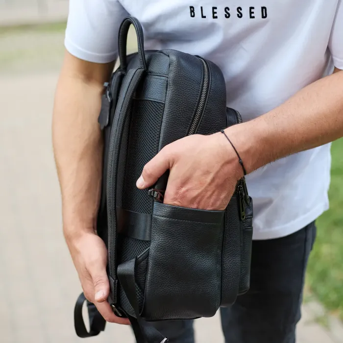 Міський чоловічий рюкзак із натуральної шкіри 40х30х18, наплічник для роботи та подорожей, чорний