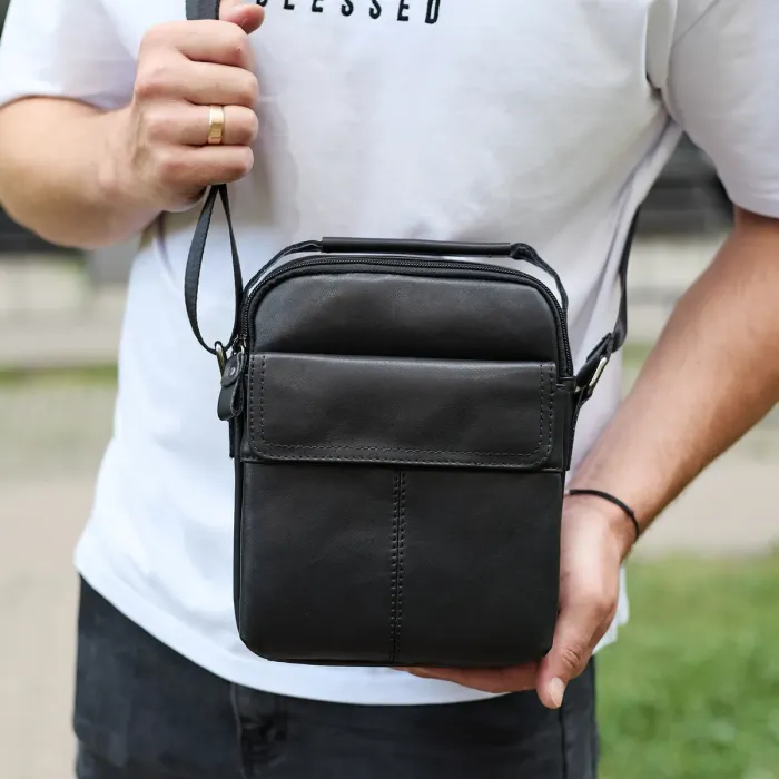 Чоловіча шкіряна сумка, барсетка з натуральної шкіри 24х18х8, сумочка для чоловіків, чорна