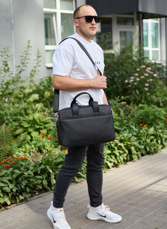Чоловічий портфель на плече 40х28х10, офісний шкіряний месенджер, чоловіча ділова сумка для міста, чорний