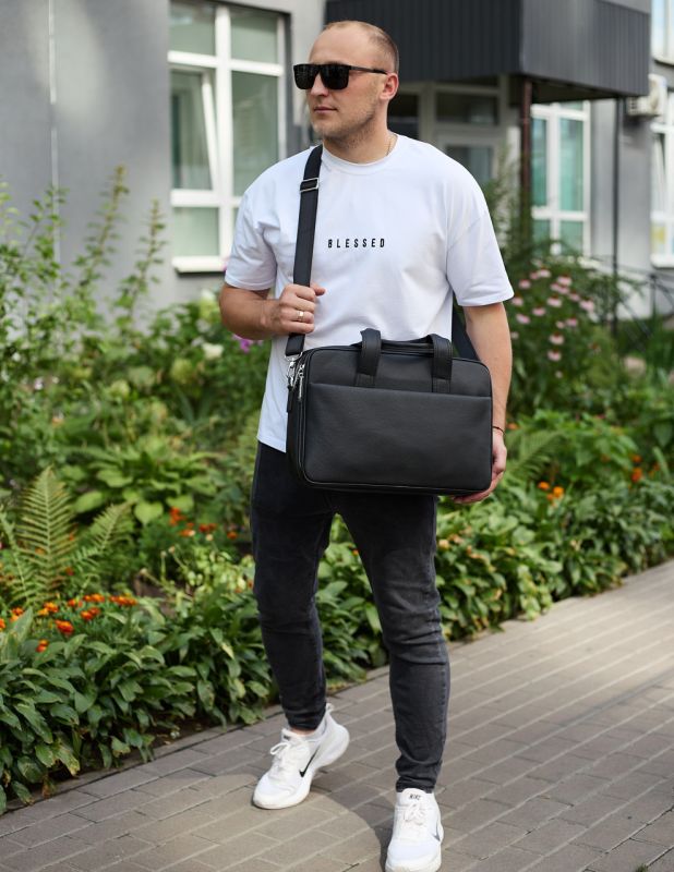 Чоловічий портфель на плече 40х28х10, офісний шкіряний месенджер, чоловіча ділова сумка для міста, чорний