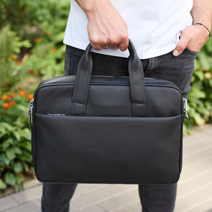 Чоловічий портфель на плече 40х28х10, офісний шкіряний месенджер, чоловіча ділова сумка для міста, чорний
