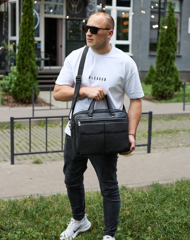 Сумка чоловіча офісна через плече 39х29х10, практичний шкіряний портфель для бізнесу, сумочка для навання, чорний