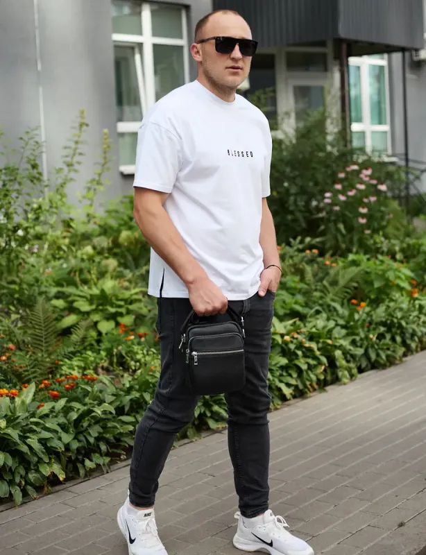 Чоловіча шкіряна барсетка 21х17х7, сумка для міста, компактний месенджер для щоденного використання, чорна