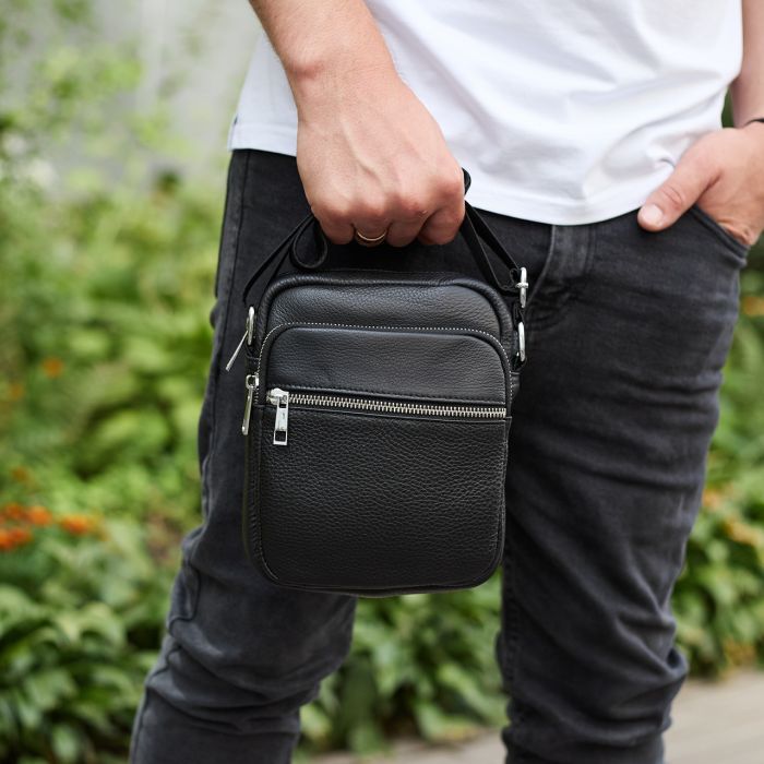 Чоловіча шкіряна барсетка 21х17х7, сумка для міста, компактний месенджер для щоденного використання, чорна