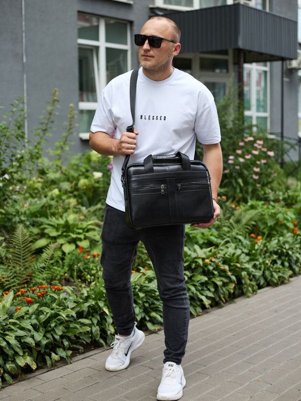 Чоловічий портфель для ноутбука 38х28х8, офісна шкіряна сумочка, міська чоловіча ділова сумка, чорна