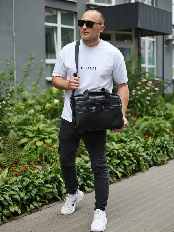 Чоловічий портфель для ноутбука 38х28х8, офісна шкіряна сумочка, міська чоловіча ділова сумка, чорна