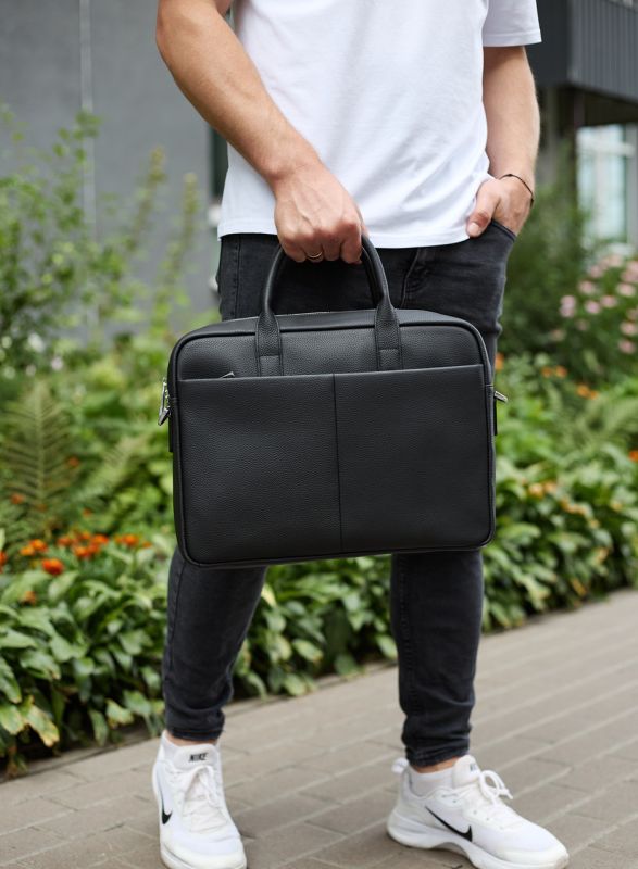 Чоловічий портфель на плече 38х28х8.5, офісний шкіряний месенджер, чоловіча ділова сумка для міста, чорна