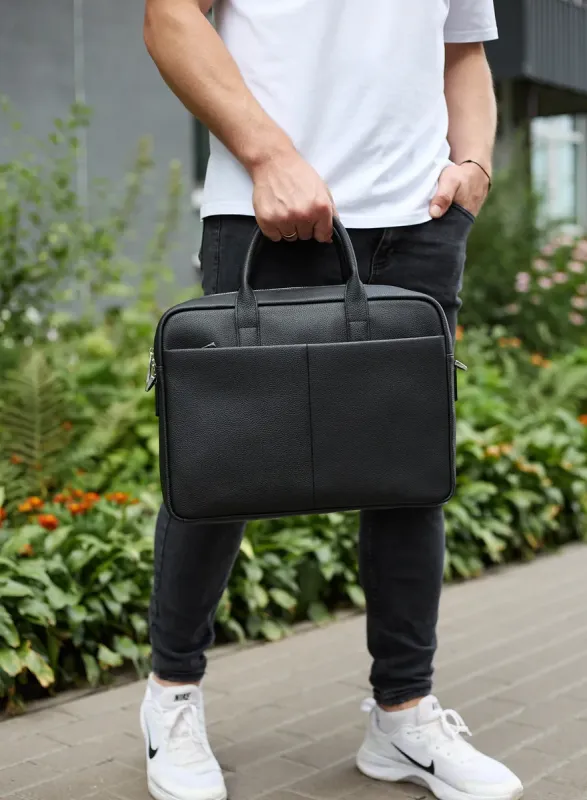 Чоловічий портфель на плече 38х28х8.5, офісний шкіряний месенджер, чоловіча ділова сумка для міста, чорна