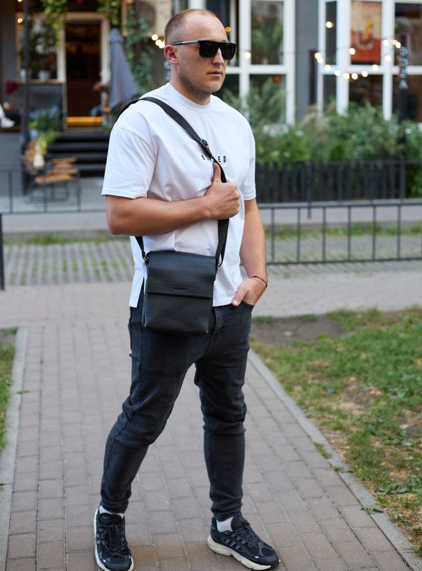 Шкіряний месенджер для чоловіка 23х19х7, барсетка через одне плече, сумка для документів, чорна