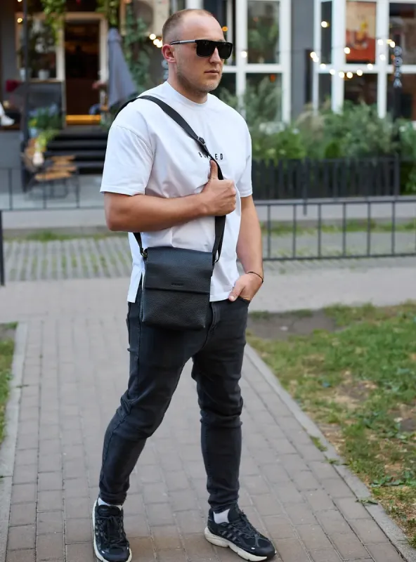 Шкіряний месенджер для чоловіка 23х19х7, барсетка через одне плече, сумка для документів, чорна