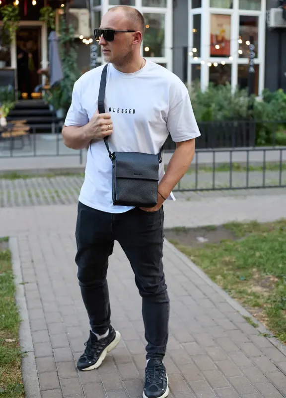 Шкіряний месенджер для чоловіка 23х19х7, барсетка через одне плече, сумка для документів, чорна