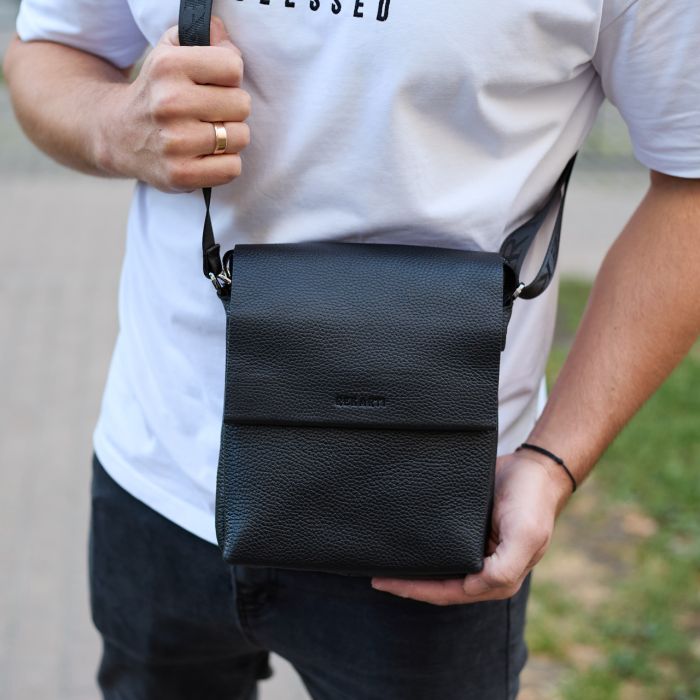 Шкіряний месенджер для чоловіка 23х19х7, барсетка через одне плече, сумка для документів, чорна