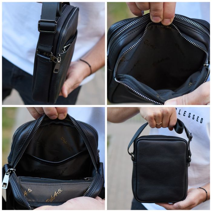 Чоловіча сумка через плече, гладкая кожа 20х16х6, месенджер для міста, барсетка для телефону та документів, чорна