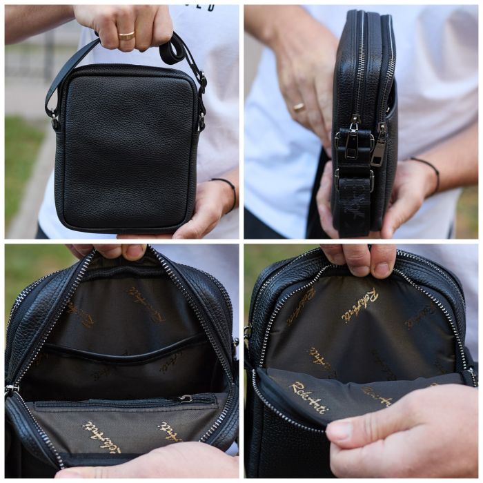 Чоловіча барсетка через плече, зернистая кожа 20х16х6, месенджер для міста, сумка для телефону та документів, чорна