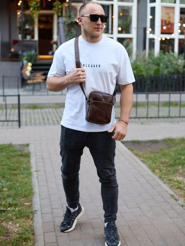 Чоловічий месенджер через плече 20х16х6, сумка планшетка для міста, барсетка для телефону, коричнева