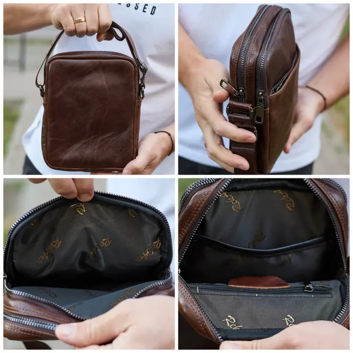 Чоловічий месенджер через плече 20х16х6, сумка планшетка для міста, барсетка для телефону, коричнева