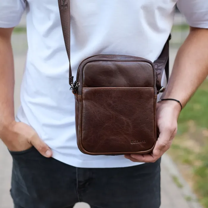 Чоловічий месенджер через плече 20х16х6, сумка планшетка для міста, барсетка для телефону, коричнева