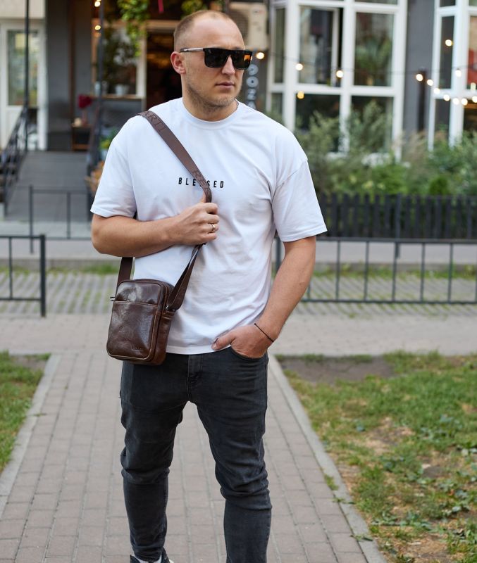 Чоловічий месенджер через плече 20х16х6, сумка планшетка для міста, барсетка для телефону, коричнева