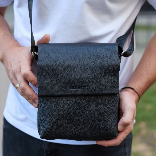 Шкіряний месенджер для чоловіка 23х19х7, барсетка через одне плече, сумка для документів, чорна