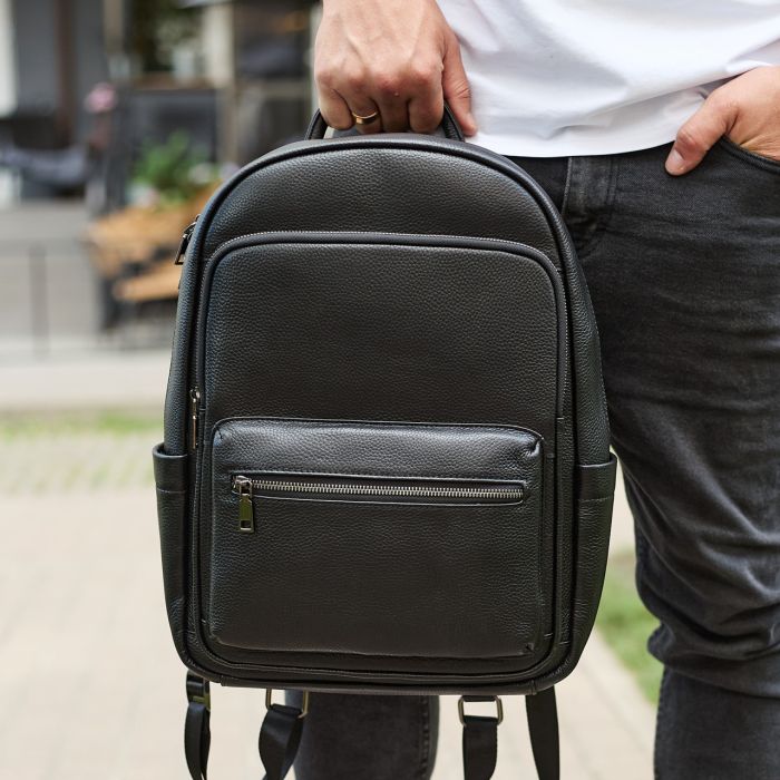 Чоловічий шкіряний рюкзак 41х31х16, універсальний міський наплічник для роботи та поїздок, офісна чоловіча сумка, чорний