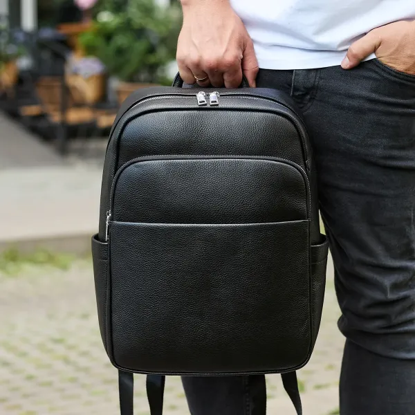 Універсальний чоловічий рюкзак із шкіри 41х31х16, зручний наплічник для ноутбука та документів, чорний