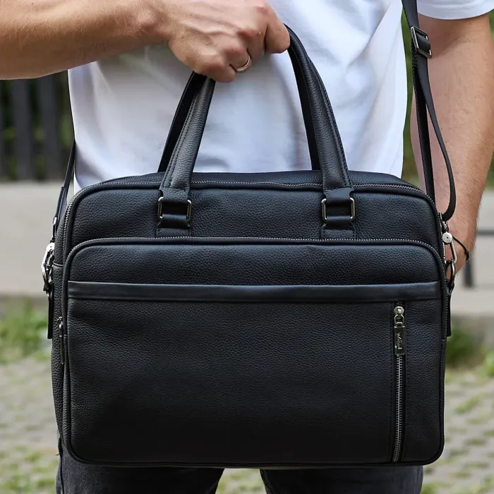 Офісна чоловіча сумка через плече 39х29х10, шкіряний портфель-месенджер для бізнесу, чорний