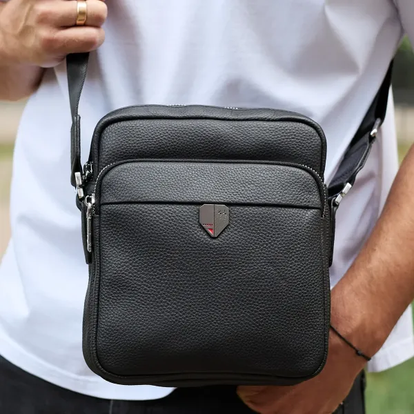Чоловіча шкіряна сумка-барсетка 24х20х8, компактна сумочка на плече для чоловіка, наплічний месенджер, чорна