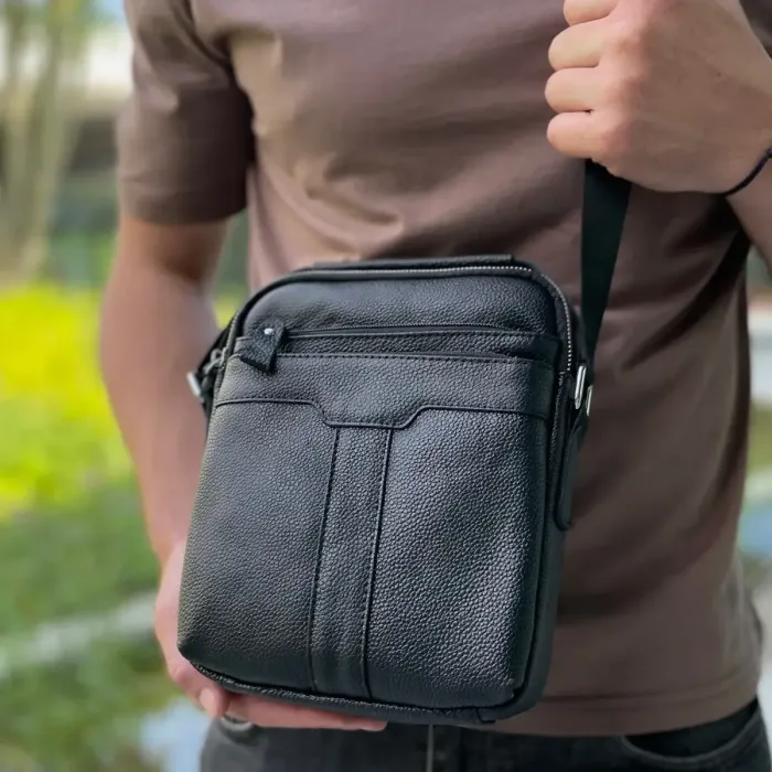 Чоловіча шкіряна сумка-месенджер 21х25х6, барсетка через плече Tiding Bag A25-3278A Чорна