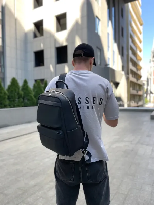 Чоловічий рюкзак для ноутбука та поїздок з натуральної шкіри 40х30х16, сумка наплічна Tiding Bag, чорна