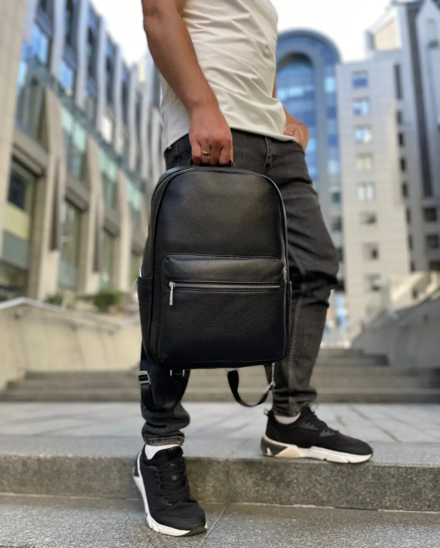 Чоловічий рюкзак з натуральної шкіри 28х39х15, наплічник для ноутбука та документів Tiding Bag 81809 чорний