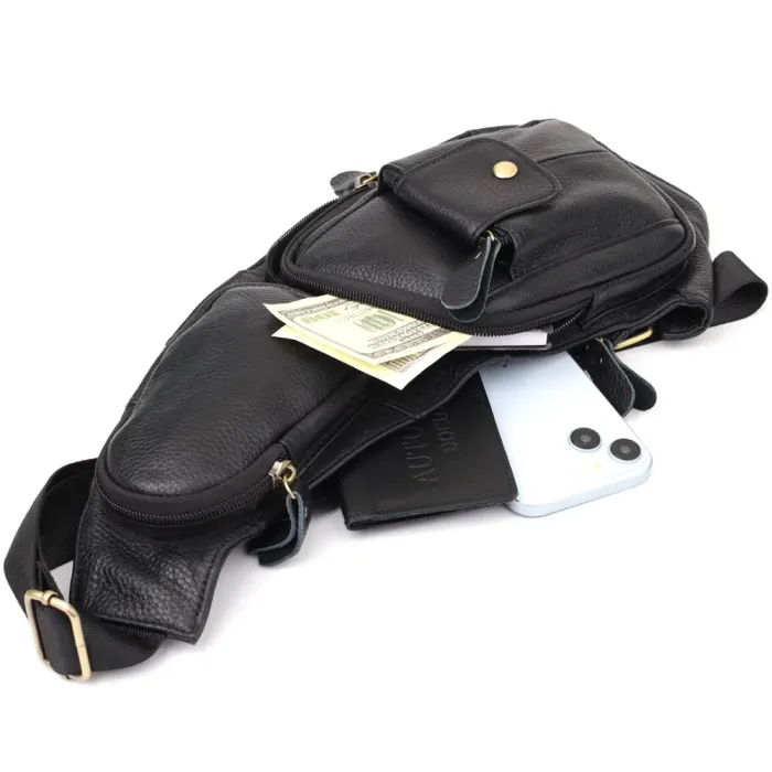 Чоловіча сумка з великою кількістю кишень із натуральної шкіри Vintage 22961 Чорний