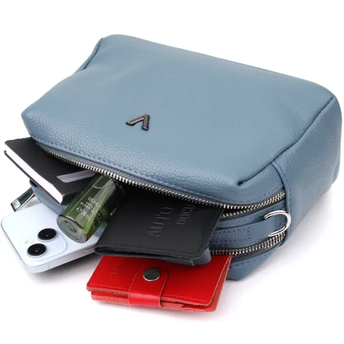 Елегантна сумка жіноча з двома секціями з натуральної шкіри Vintage 22920 Блакитний