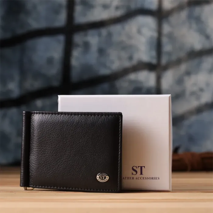 Чоловічий гаманець із металевим затискачем з натуральної шкіри ST Leather 23092 Чорний