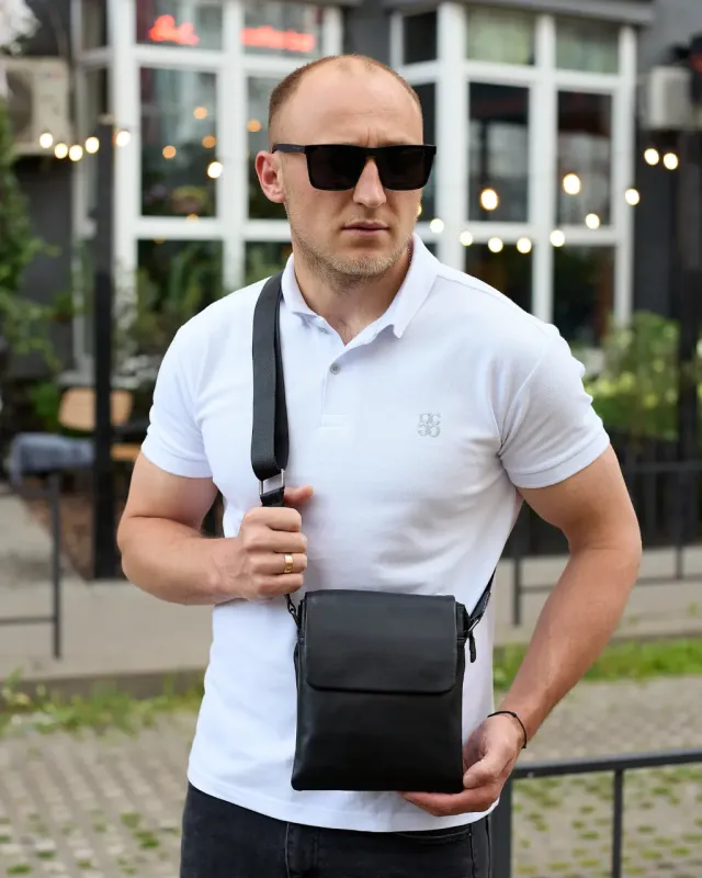 Чоловіча барсетка шкіряна 22х18х6, сумка меседжер для телефона, чорна