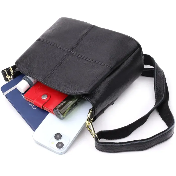 Сумка на три відділення з натуральної шкіри 15122 Vintage Чорний