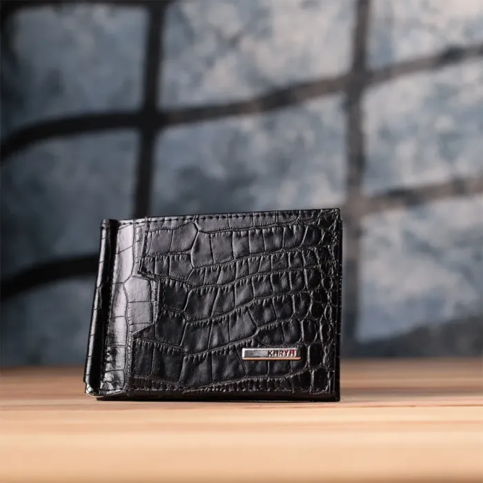 Зручний чоловічий затиск із натуральної фактурної шкіри під крокодила KARYA 22886 Чорний