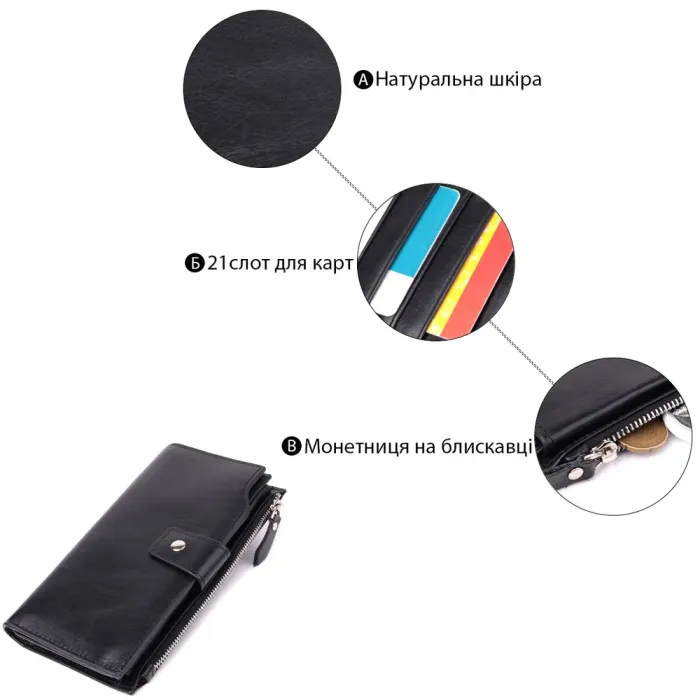 Вертикальний стильний гаманець із гладкої натуральної шкіри Vintage 22885 Чорний