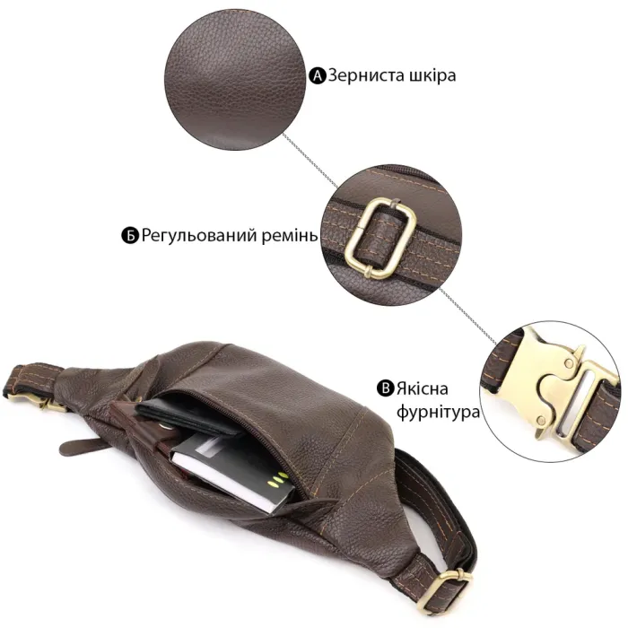 Сумка-бананка для чоловіків з натуральної зернистої шкіри Shvigel 23128 Коричневий