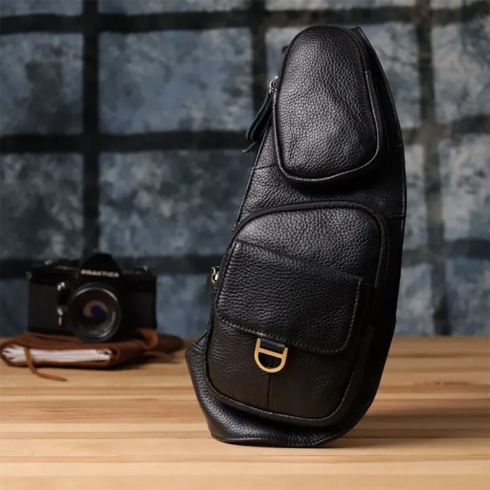 Стильна чоловіча сумка через плече із зернистої натуральної шкіри Vintage 22964 Чорний