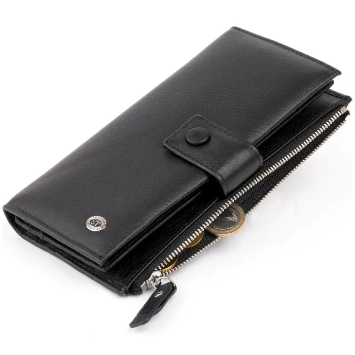 Оригінальний гаманець шкіряний жіночий на хлястиці з кнопкою ST Leather 19280 Чорний
