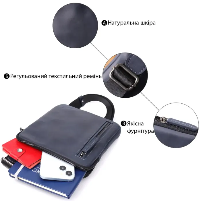 Сумка невеликого розміру для чоловіків на плече з натуральної шкіри Shvigel 23148 ​​Синій