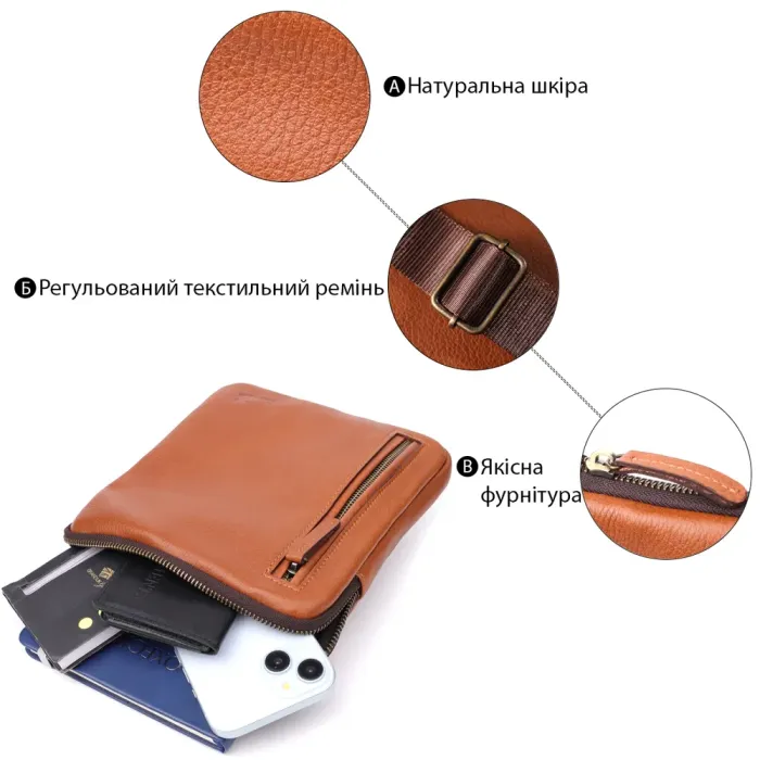 Чоловіча шкіряна сумка через плече із міцної зернистої шкіри Shvigel 23151 Рудий