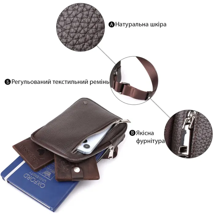 Прямокутна сумка бананка із зернистої натуральної шкіри GRANDE PELLE 22878 Коричнева