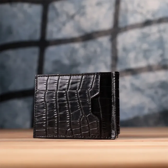 Зручний чоловічий затиск із натуральної фактурної шкіри під крокодила KARYA 22886 Чорний