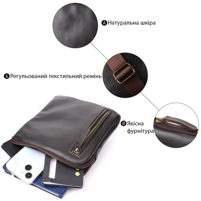 Елегантна чоловіча сумка з гладкої натуральної шкіри Shvigel 23150 Коричневий