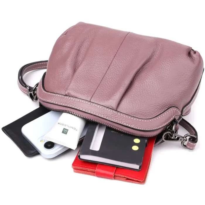 Цікава жіноча шкіряна сумка з ефектним драпіруванням Vintage 22898 Пурпурний