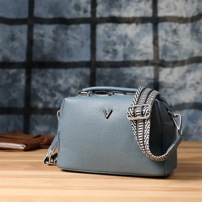 Елегантна сумка жіноча з двома секціями з натуральної шкіри Vintage 22920 Блакитний