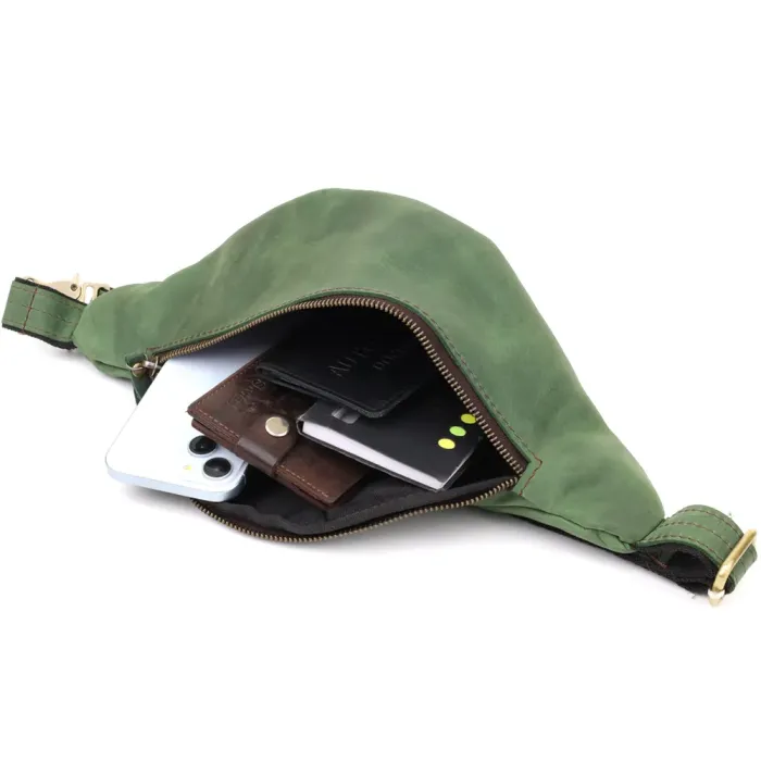 Стильна чоловіча бананка відмінної якості з натуральної шкіри вінтажної шкіри Shvigel 23142 Зелений