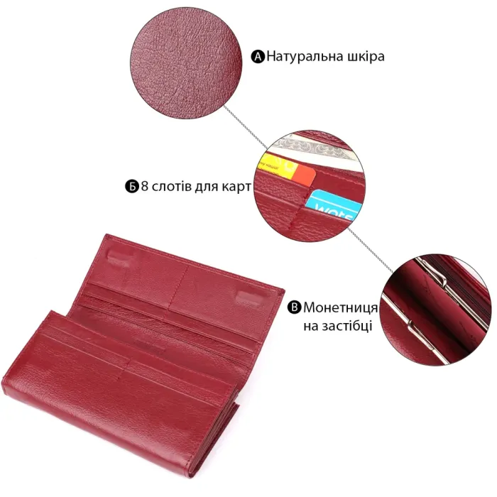 Модний жіночий гаманець на магнітах із натуральної шкіри ST Leather 23113 Бордовий
