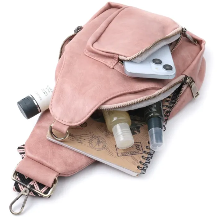 Жіноча сумка з акцентом на текстильну лямку з гладкої екошкіри Vintage 22772 Рожевий